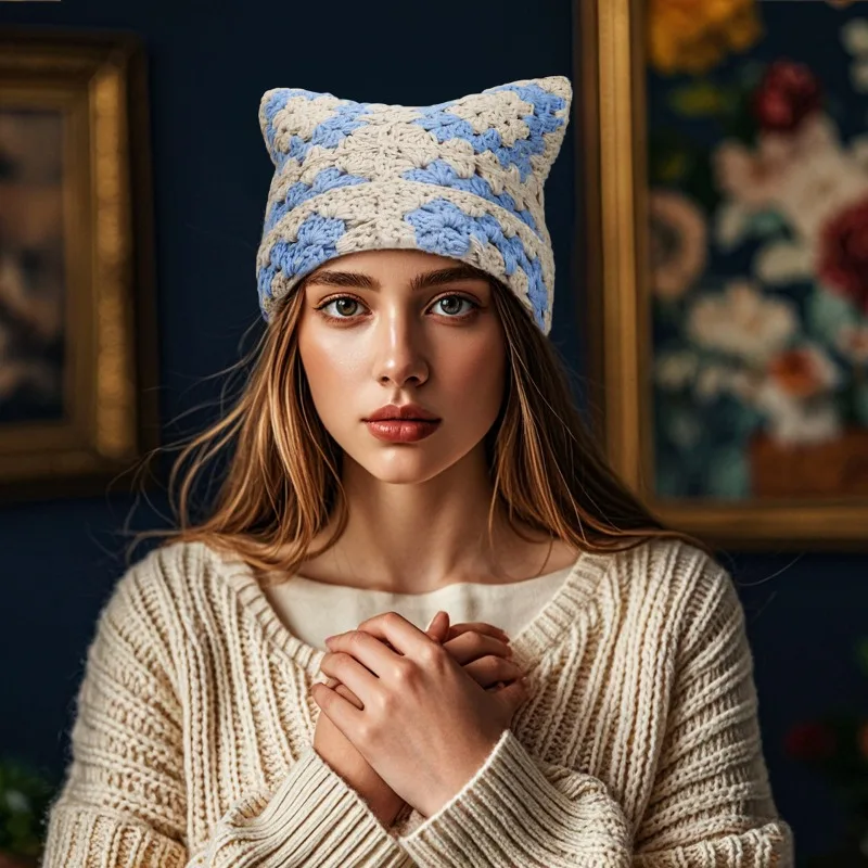 Japanese Autumn and Winter Cute Cat Ears Pullover Hat Hand-crocheted Grandmother Grid Hollow Trend Skull Beanie Cap for Women's 2
