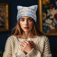 Japanese Autumn and Winter Cute Cat Ears Pullover Hat Hand-crocheted Grandmother Grid Hollow Trend Skull Beanie Cap for Women's 2