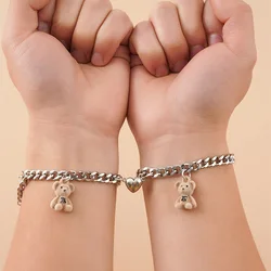 Heart Attraction Magnetic Couple Bracelets with Key Lock Charm - Stainless Steel Cuban Chain Set (07)