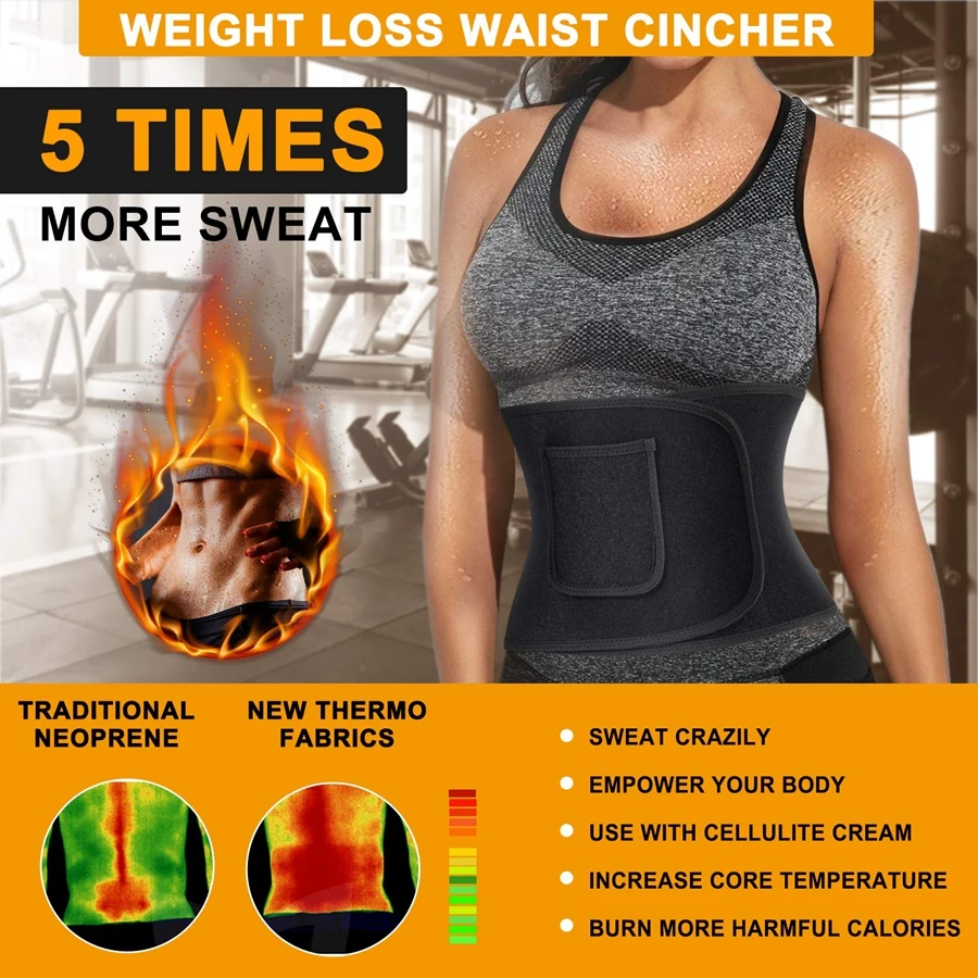 Women Sauna Belt with Pocket Fitness Workout Slim Waist Cincher Body Shaper for Weight Loss Tummy Compression Wrap Waist Trainer