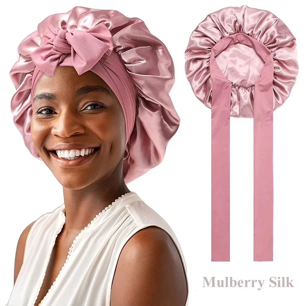 100% Mulberry Silk Sleep Bonnet for Women Curly Hair Adjustable Satin Cap with Wide Elastic Band for No Damage Hair Care Blowout