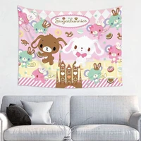 VIKAMA Sweetheart Rabbit Tapestry Soft Powder Blue Childish Design Children's Bedroom Decoration Anime Style Patterns