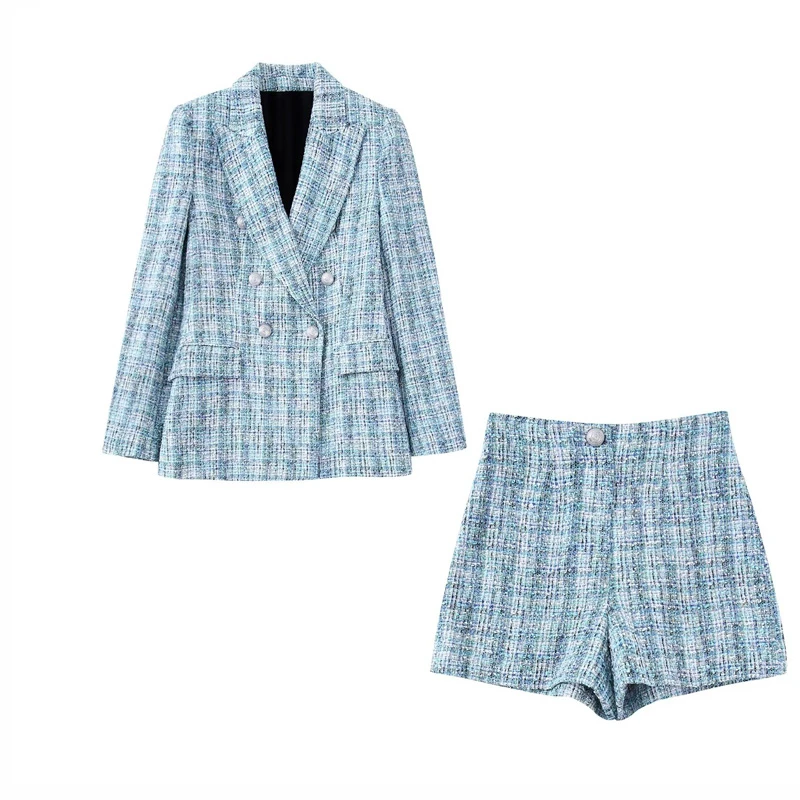 

2022 Fall New Women's Long Sleeve Double Breasted Textured Blazer High Waist Shorts Casual Suit
