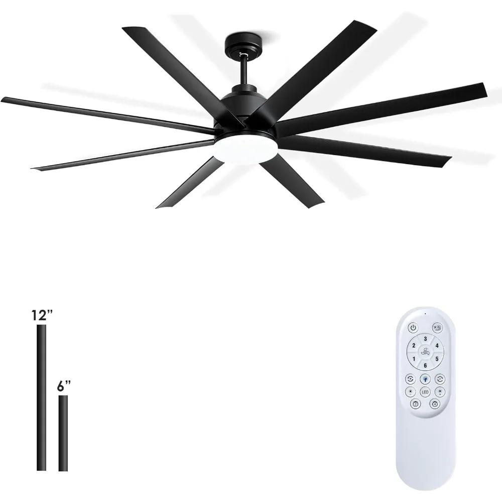 72 Inch Industrial Ceiling Fan-Black Big Ceiling Fan with Light, Large Outdoor with 6-Speed Remote Control