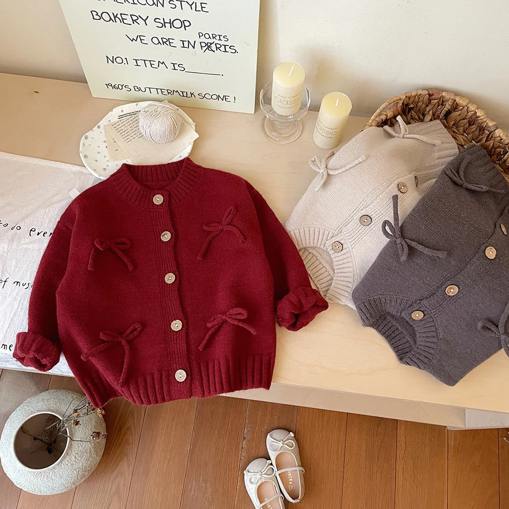 2026 가을 여아 및 아동용 스웨터 신상 리본 레드 코트  니트 가디건 상의