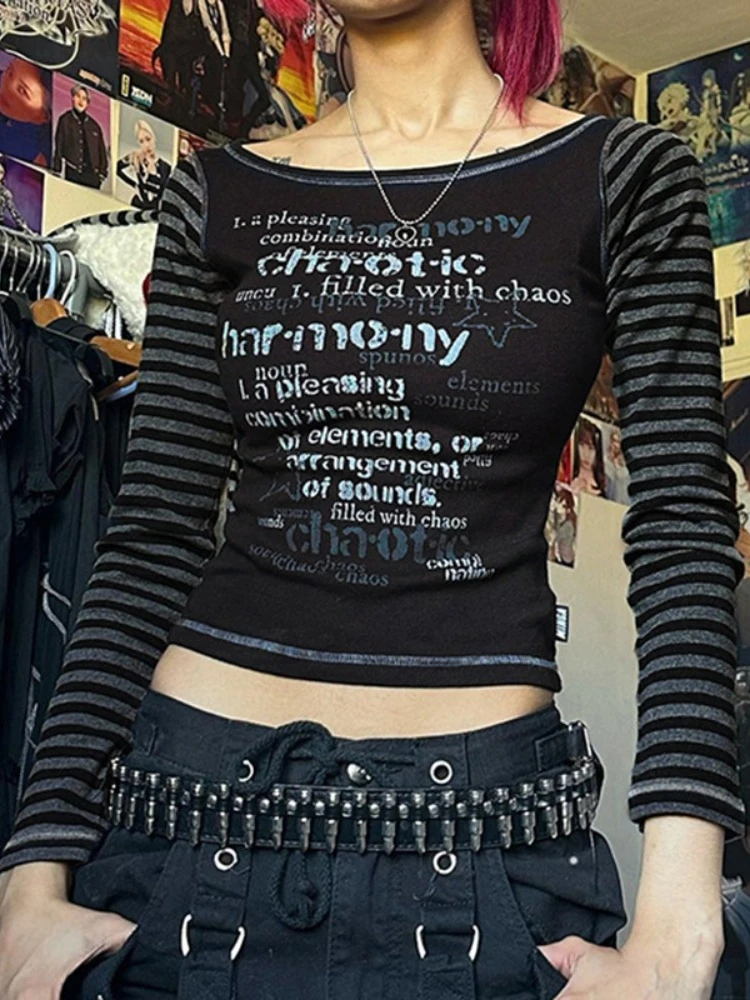 

HOUZHOU Gothic Vintage Stripted T Shirts Women American Retro Patchwork Streetwear Letter Print Slim Tees Tops Spring 2024 Y2k