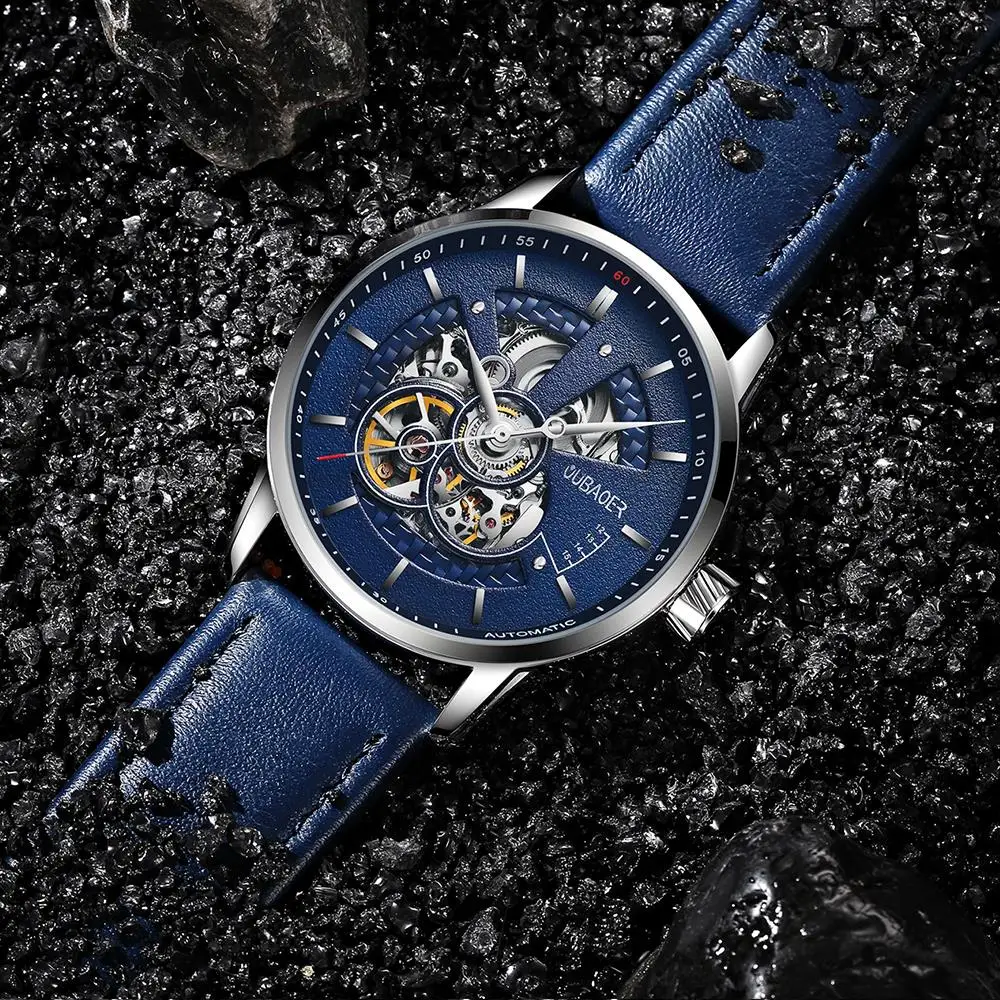Mens Watches Mechanical Automatic Tourbillon Self Winding Blue Leather Sport skeleton Wristwatches mechanical watch