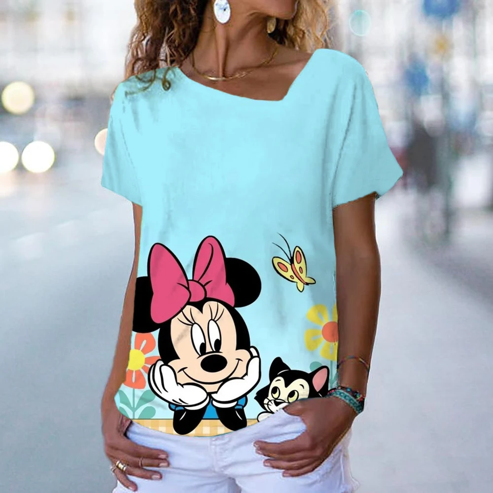 

Disney Mickey Mouse Tshirts Short Sleeve Tops Korean Woman Y2k Tops Tee Shirt Femme Oblique V-neck Women Clothes Summer Casual