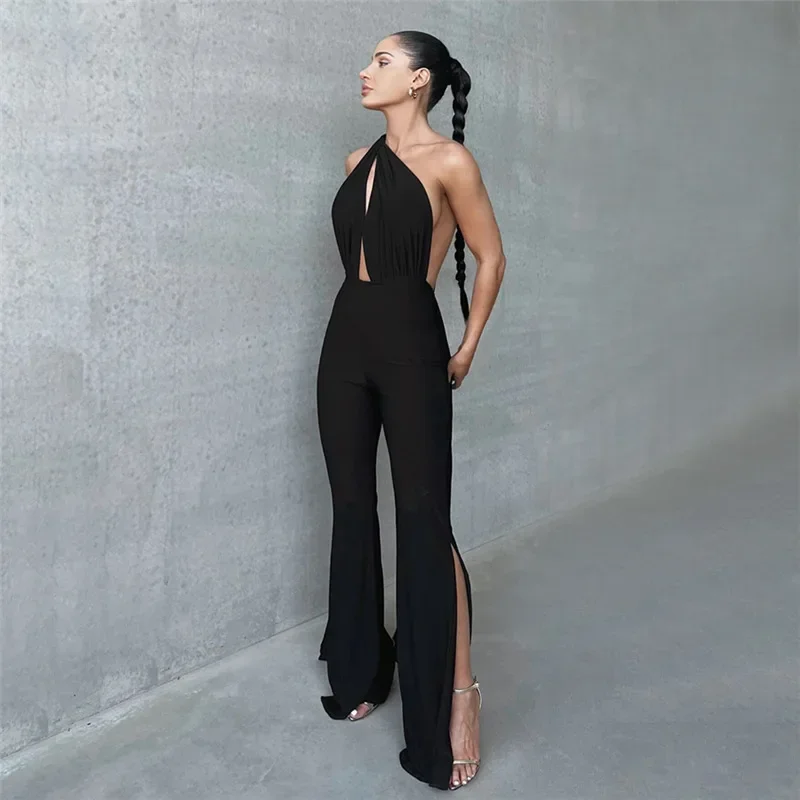 Cut Out Deep V Wrap Around Halter Sexy Backless Flare Side Slit Pants Jumpsuits Fashion Outfits Women One-Piece Rompers Overalls