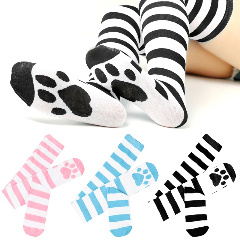 High Jk Long Stockings Lolita Over Knee Socks Pink Strip Kawaii Cat Paw Print Stockings Lolita
