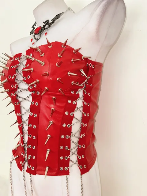 Red Lace Up Spikey Corset Top 9