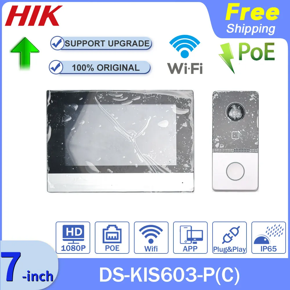 

Hikvision IP Video Intercom Kit DS-KIS603-P(C) DS-KV6113-WPE1+DS-KH6320-WTE1 Standard POE Doorbell Door Station WIFI Monitor APP