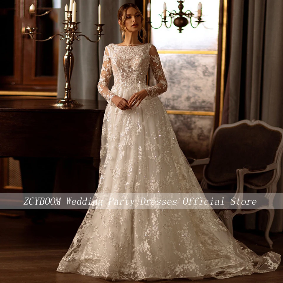 

Luxury White O-Neck Appliques Beaded Wedding Dress 2023 A-Line Floor Length Sweep Train Open Back Buttons Bridal Gown