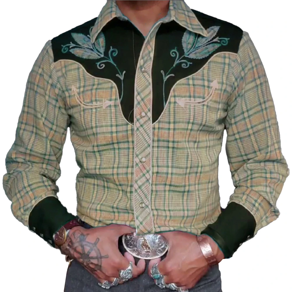 

Mens Western Plaid Long Sleeved Button Down Embroidery Shirt Party T Dress Up Large Size Casual Korean Fashion Costumes