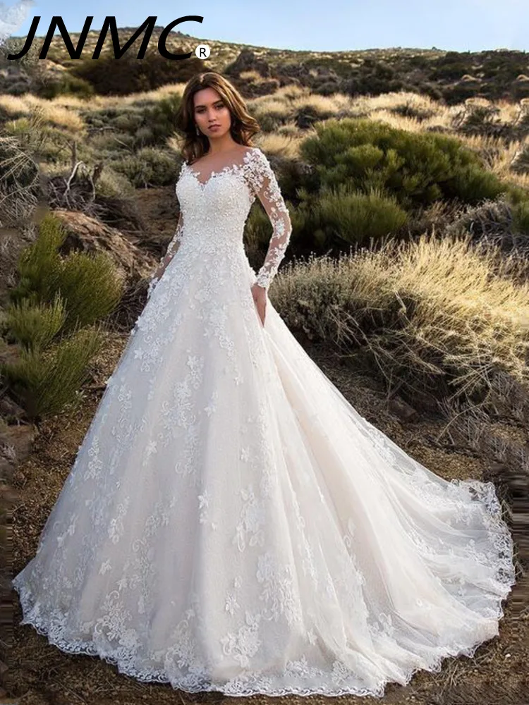 

JNMC Elegant Long sleeved Solid Color Perspective Lace Bridal Wedding Dress for Women 2024 Spring and Autumn New Style