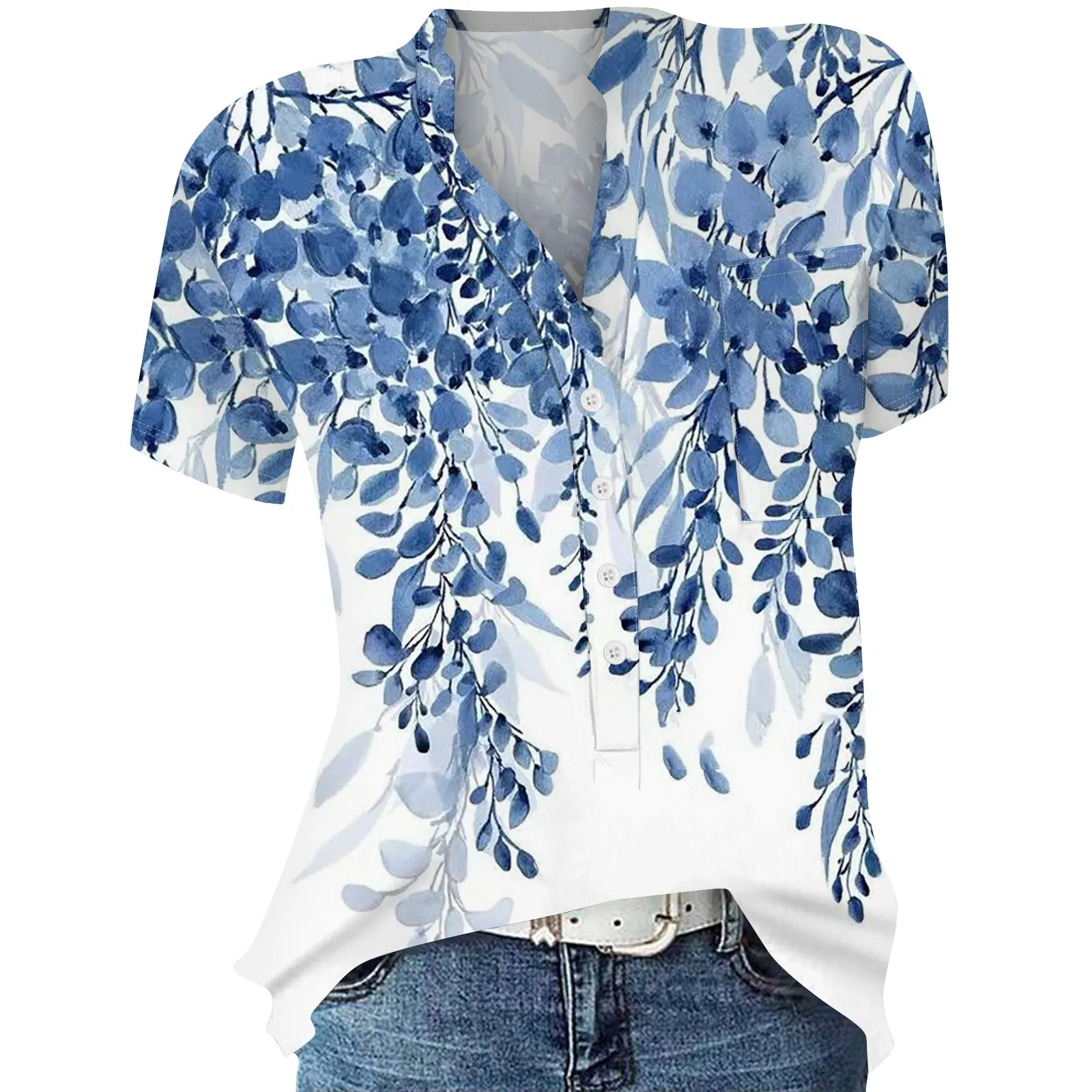 

Shirts & Blouses Daily Fashion Printed Women Blouse Plus Size V-Neck Summer Short Sleeves Women Pullover Korean 일본 빈티지 패션