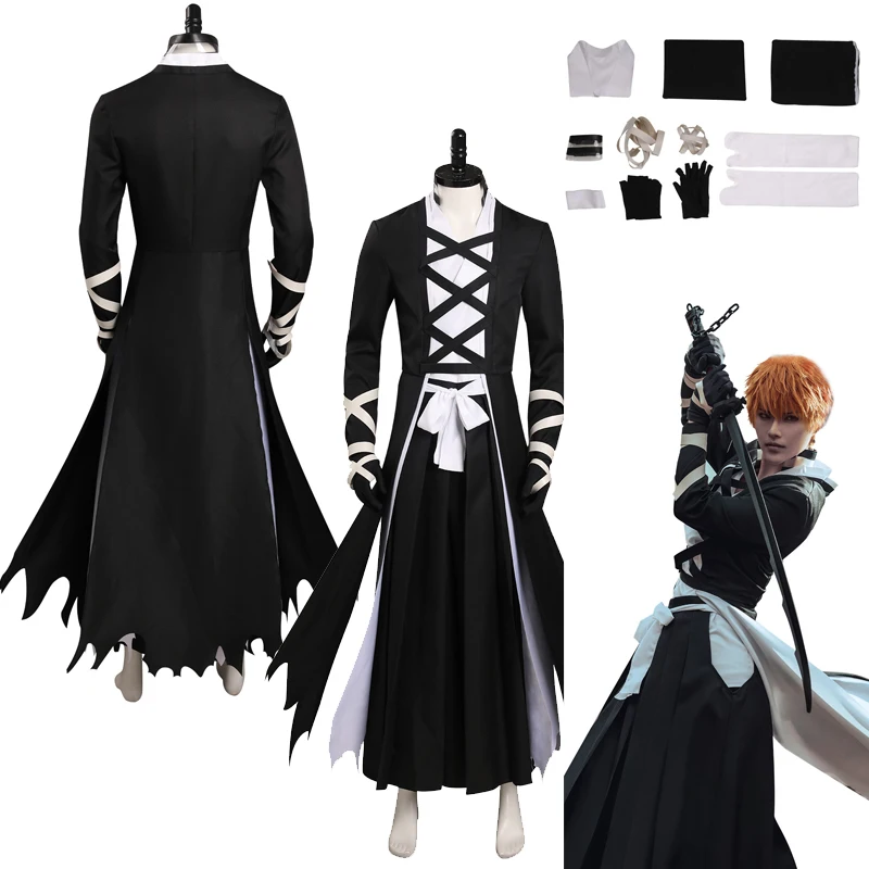 

Anime BLEACH Kurosaki Ichigo Cosplay Men Costume Coat Outfits Black Long Jacket Uniform Adult Male Halloween Carnival Suits