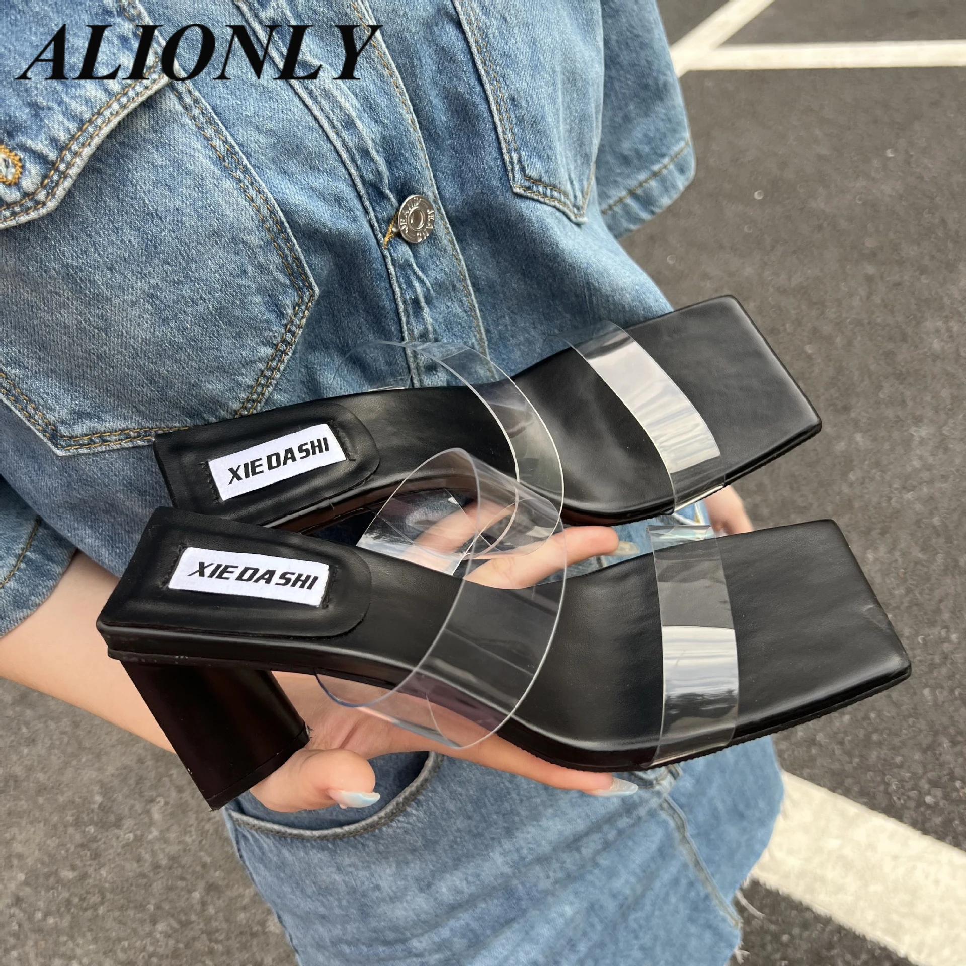 

Alionly 2023 Summer New Shoes For Women Slippers Transparent One Word Bar triangle Heel Sandals High Heels Chaussure Femme