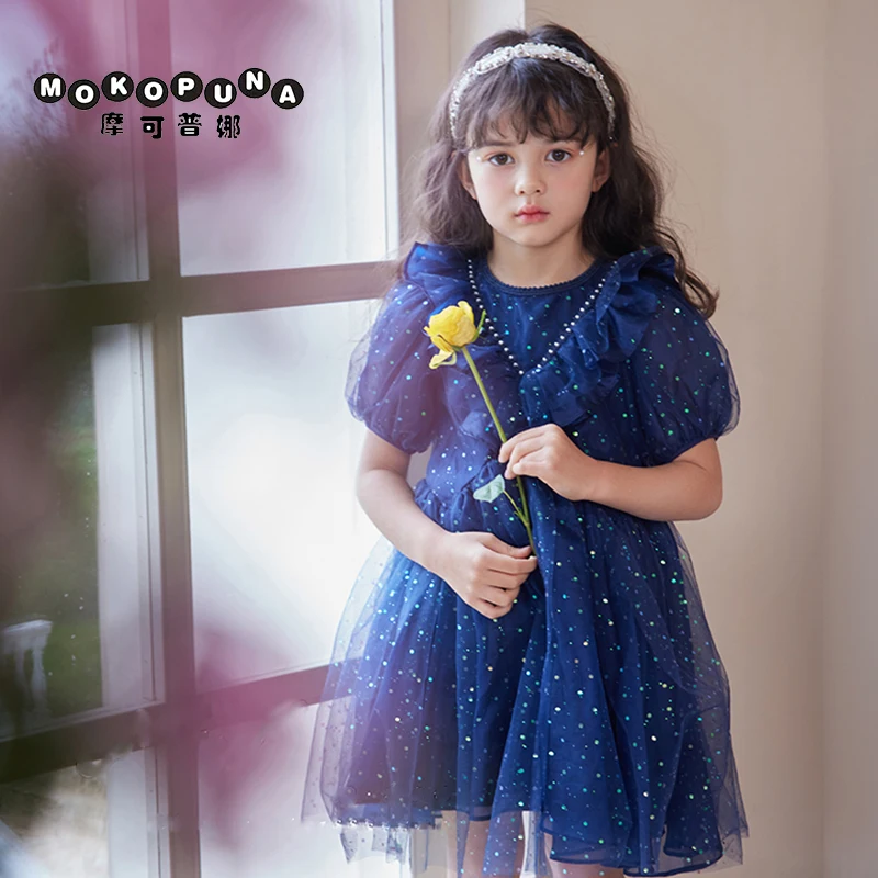 

MOKOPUNA Dress Elegant Navy Mesh Dress Multi-layer Cotton Lined Puff Sleeve Girl Dress Party Christmas Baby Girl Clothes