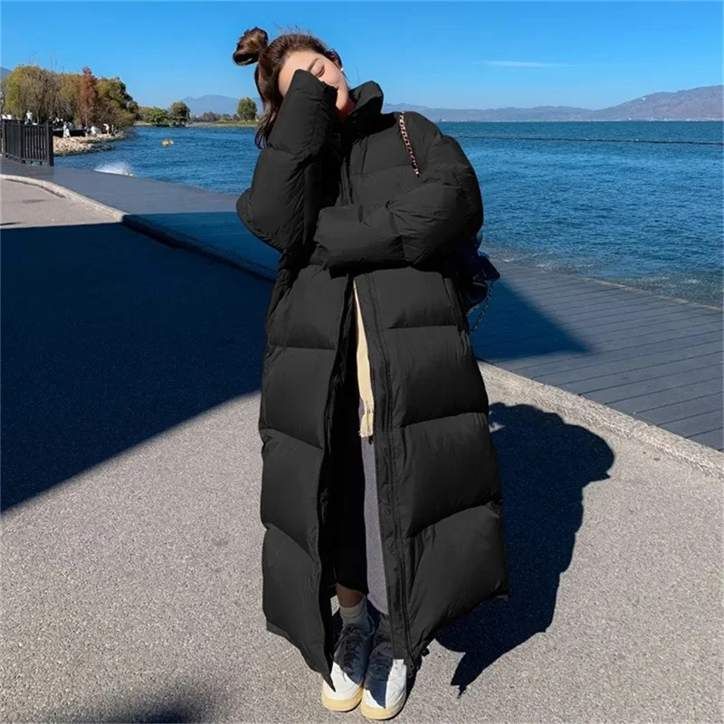 

Black Down Cotton Jacket Women's Long 2023 New Korean Super Knee Length Cotton Jacket Couple Thickened Winter Parka Female Padde