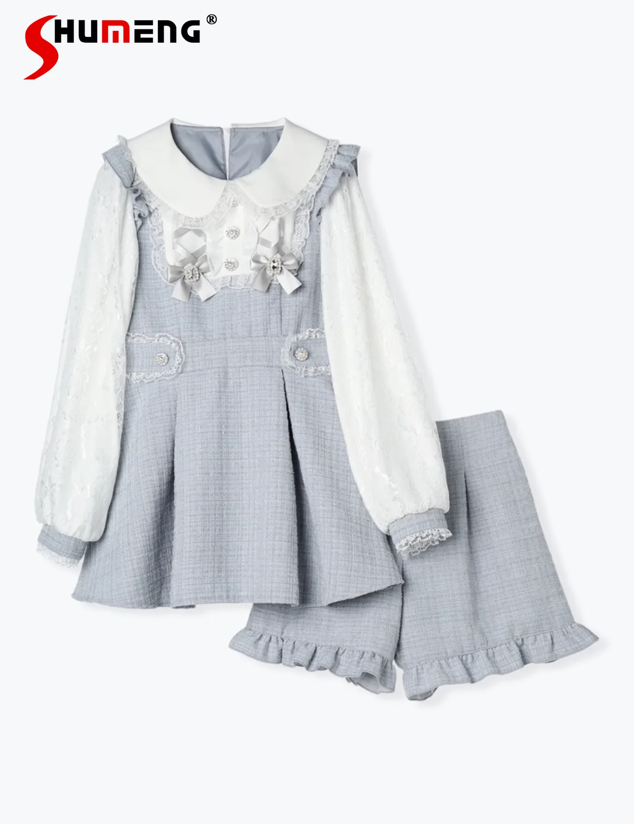 Japanese Style Sweet Dress Suit 2024 Spring New Cute Doll Collar Long Sleeve Ultra Short Dress and Short Pants Two Pieces Set