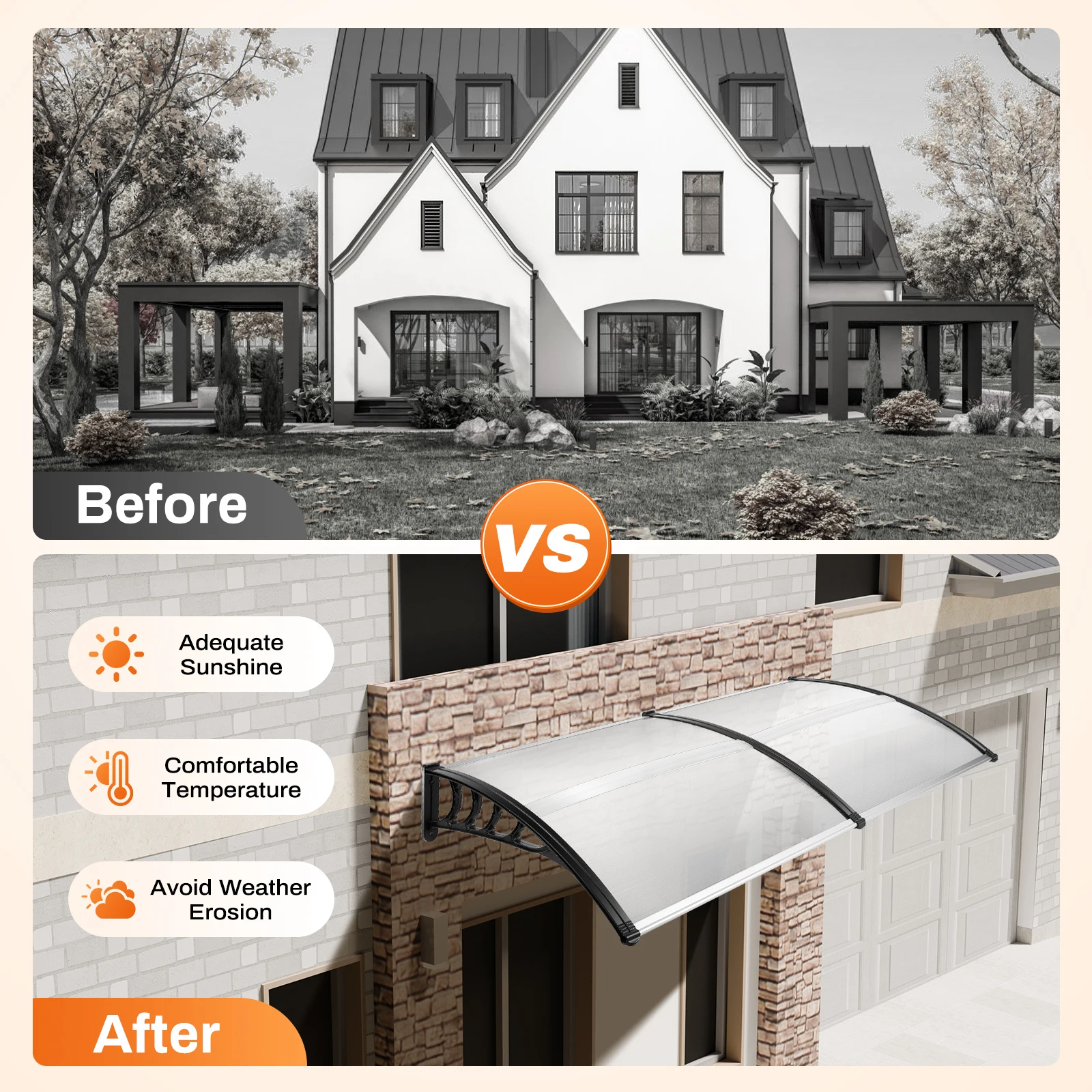 Türvordach Markise, Vorder- und Hinterveranda Sonnenschutz, Terrassendach Regenschutz, Polycarbonat & PP, Passend für Türen & Terrassen – Detail 6