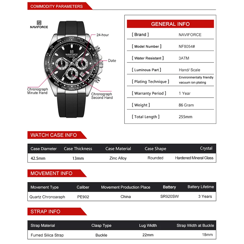 NAVIFORCE Luxury Multi-Functional Chronograph Sport Watch with Silicone Band and Luminous Features
