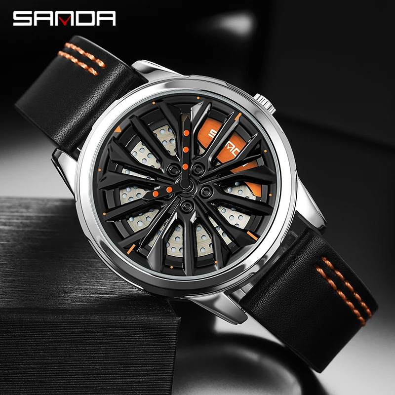 

SANDA Hot Sell Fashion Car Wheel Watch 360 Rotating Dial Clock Leather Waterproof Rim Hub Quartz Wristwatch Relogio Masculino