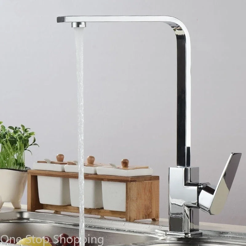 Square Kitchen Faucets 360 Degree Rotation Hot and Cold Water Taps Deck Mounted Mixer Tap Stainless Steel for Household Basin