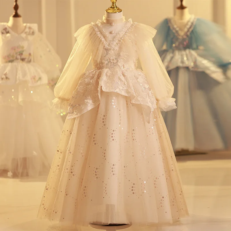 

2024 Girl's Ceremonial Dress Children's Luxury Party Dresses for Girls Kids Princess Sequins & Beading Ball Gown for Banquet