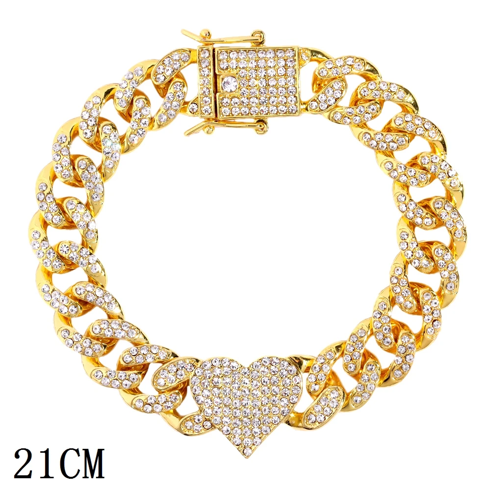 New Fashion Luxury 12mm Iced Out Cuban Link Chain Bracelet for Women Men Gold Silver Color Bling Rhinestone Bracelet Jewelry 