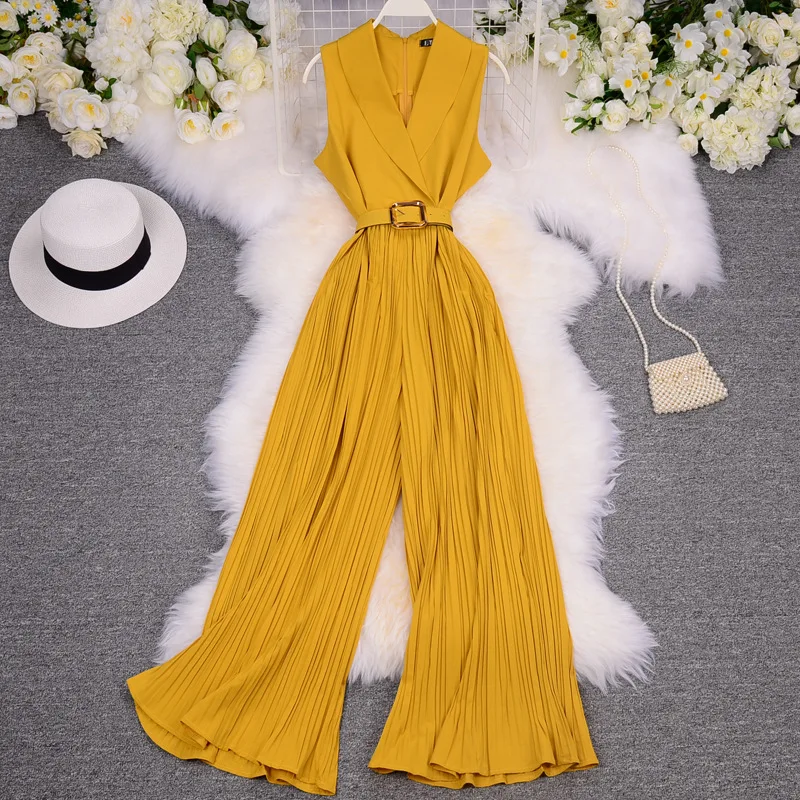 

Women Jumpsuit Romper Sleeveless Office Lady Notched Casual Belt Playsuit Overalls Ladies Wide Leg Loose Flare Playsuit