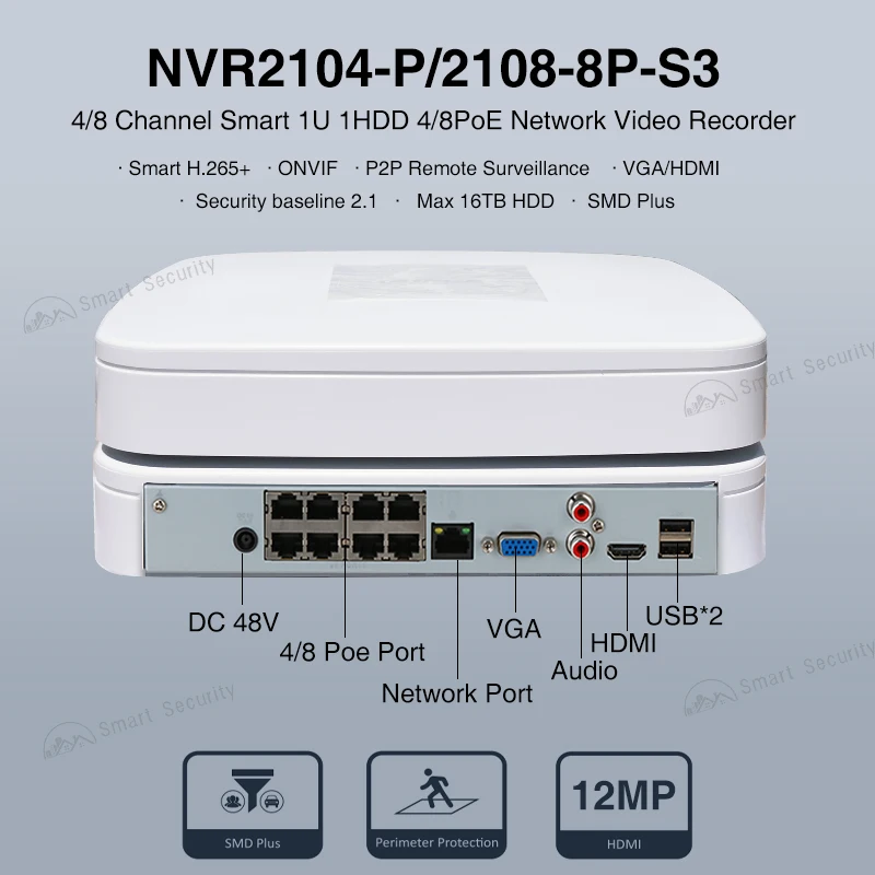 Dahua ٱ ̴ Ʈũ  ڴ, 4 ä, 8 ä, 4 ä, 8PoE NVR, 12MP ī޶  ȣ NVR2104-P-S3 NVR2108-8P-S3