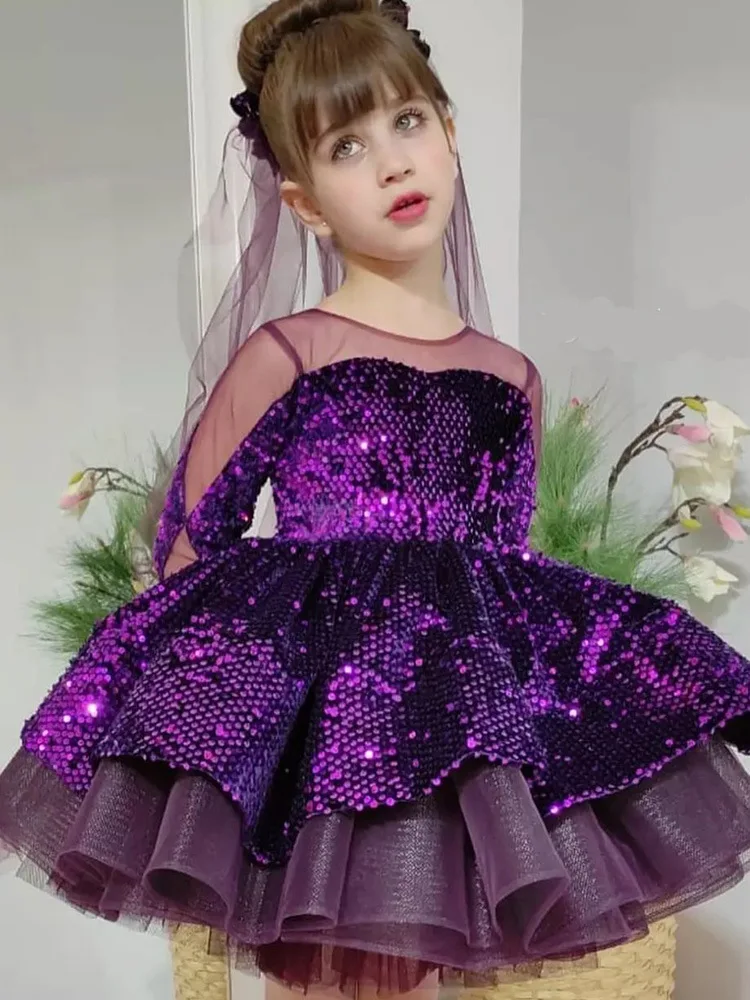 

Purple Glitter Lush Baby Girls Party Dresses Elegant Fluffy Girl Princess Dress Shiny Sequins luxurious Birthday Wedding Dress