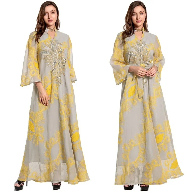 Ethnic Style Women Sequin Burnt Flower Evening Dress Big Swing Dress Vestidos Elegantes Para Mujer Muslim Dresses for Women