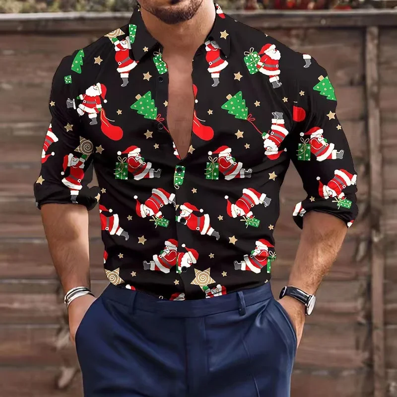 Shirt Christmas Button Long Sleeve Casual Outdoor Plaid Elk Christmas Snowman 2023 New Designer Design Men's Plus Size