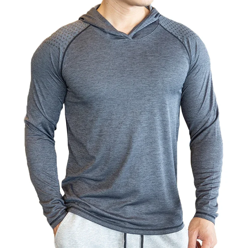 Autumn Gym Men T Shirt Casual Long Sleeve Slim Tops Tees elastic T-shirt Sports Fitness breathable Quick dry Hooded T Shirt 5