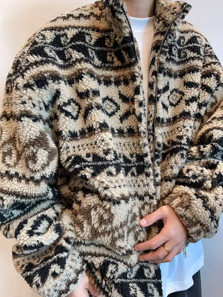 Winter Ethnic Jacquard Sherpa Jacket Men Geometry Stand Collar Coat Thickened Warm Fur Jacket Street Zip-Front Winter Outerwear