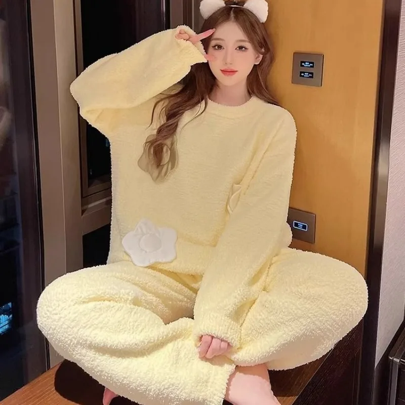 Sweet Pajamas Women Autumn Winter Thickened Long-Sleeved Trousers Homewear Suit Female Casual Round Neck Pure Color Nightclothes