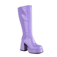 Purple Patent Leather Knee High Boots Waterproof Platform 10cm Thick Heel Bar Stage Boots 35-48  Zip Square Head Long Boots Side - Image 6