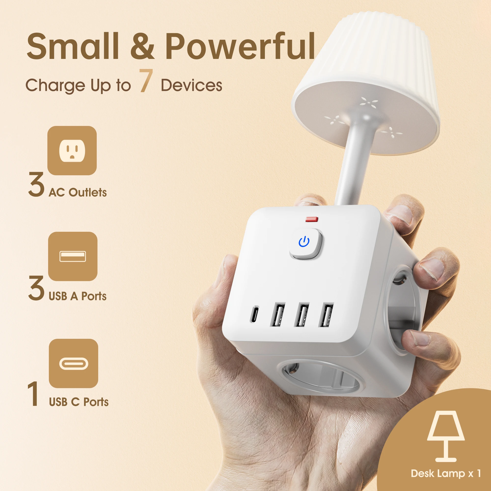 8-in-1 Power Cube with Desk Lamp, 3 AC outlets Extender, 4 USB ports (1 USB C), night office work lamp, dormitory writing night