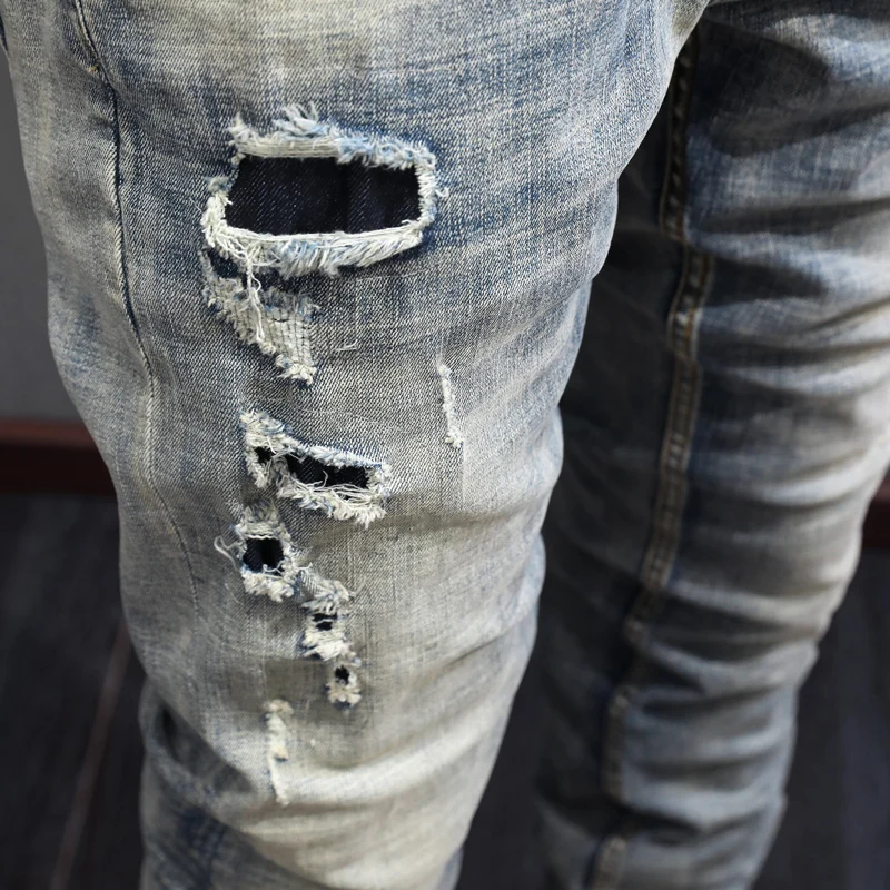 Italian Style Fashion Men Jeans Embroidery Designer Retro Gray Blue Elastic Slim Ripped Jeans Men Patched Vintage Pants Hombre