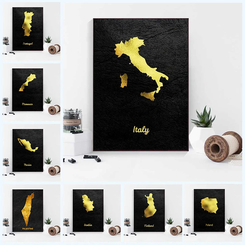 Golden Map Art Italy Polonia Marocco Canvas Painting Art Print Poster Picture Wall Modern Minimalist Living Room Decoration