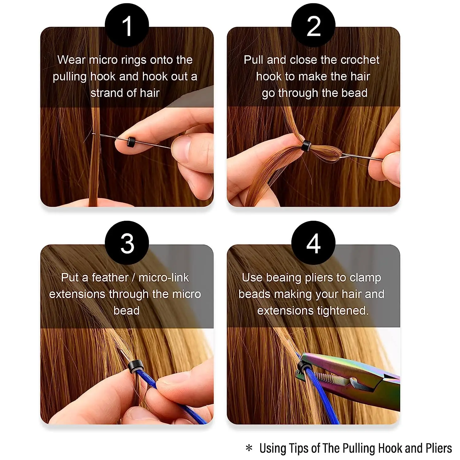 Hair Extension Pliers Silicone Beads Pulling Hook Micro Links Needle Loop Threader Wigs Feather Styling Craft Tools Kit FOSHIO