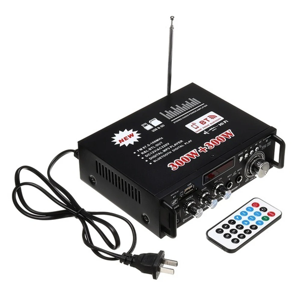 무선 호환 미니 앰프, 2CH HIFI 오디오, HIFI 스테레오 파워 앰프, USB FM 라디오, 리모컨 포함, 자동차 홈