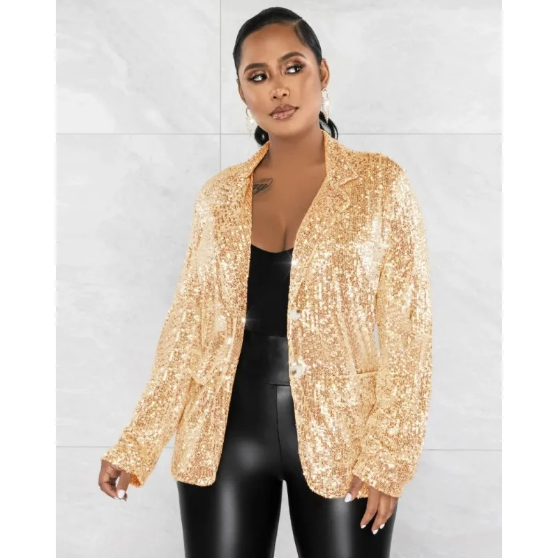 Sequins Women Casual Blazer Top Fashion Turn Down Collar Long Sleeve Single Breasted Slim Club Party Coat Sparkling Y2K Jackets