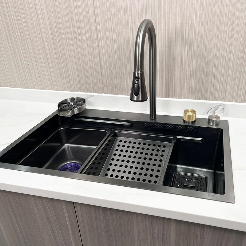

30 inch single bowl Tiktok Trends Metal Grey Stainless Steel Kitchen Sink with Rainfall Faucet & pull lefton kitchen sink set