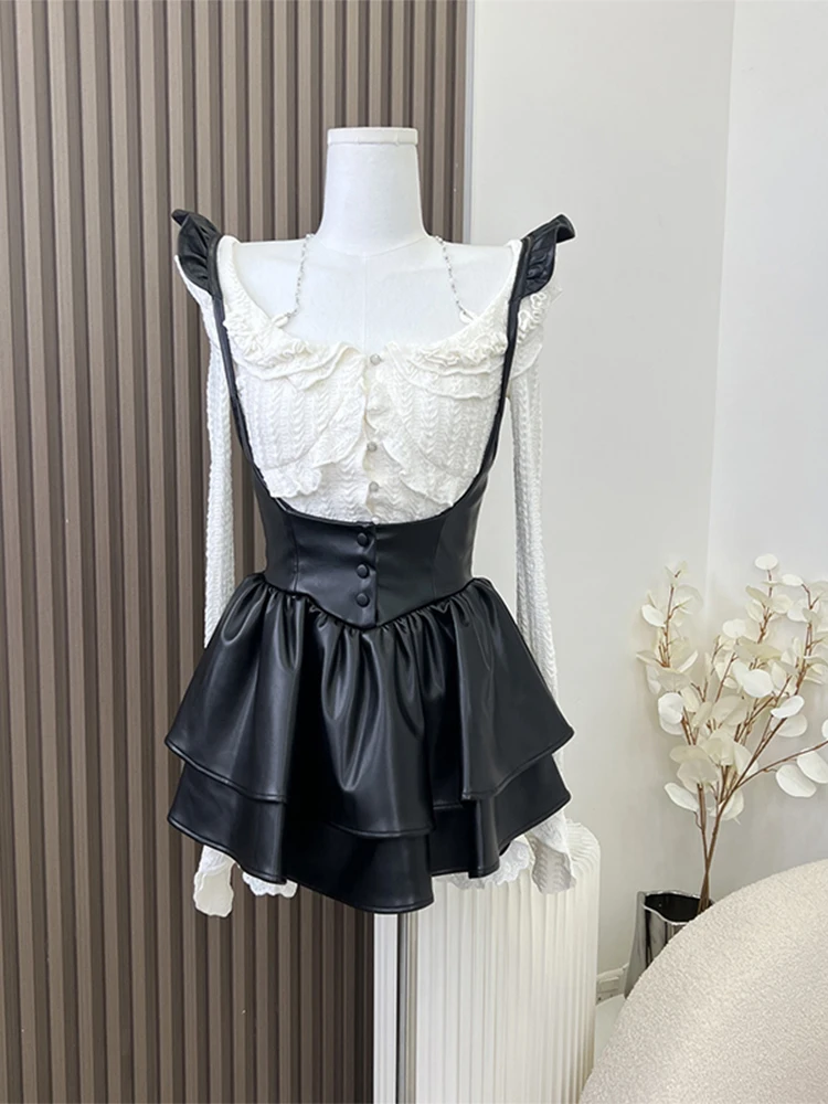 

Autumn Women Birthday Night Club Rave Gothic Kpop Outfits 2 Piece Set Gyaru Long Sleeve Blouses + PU A-line Mini Ball Gown Skirt