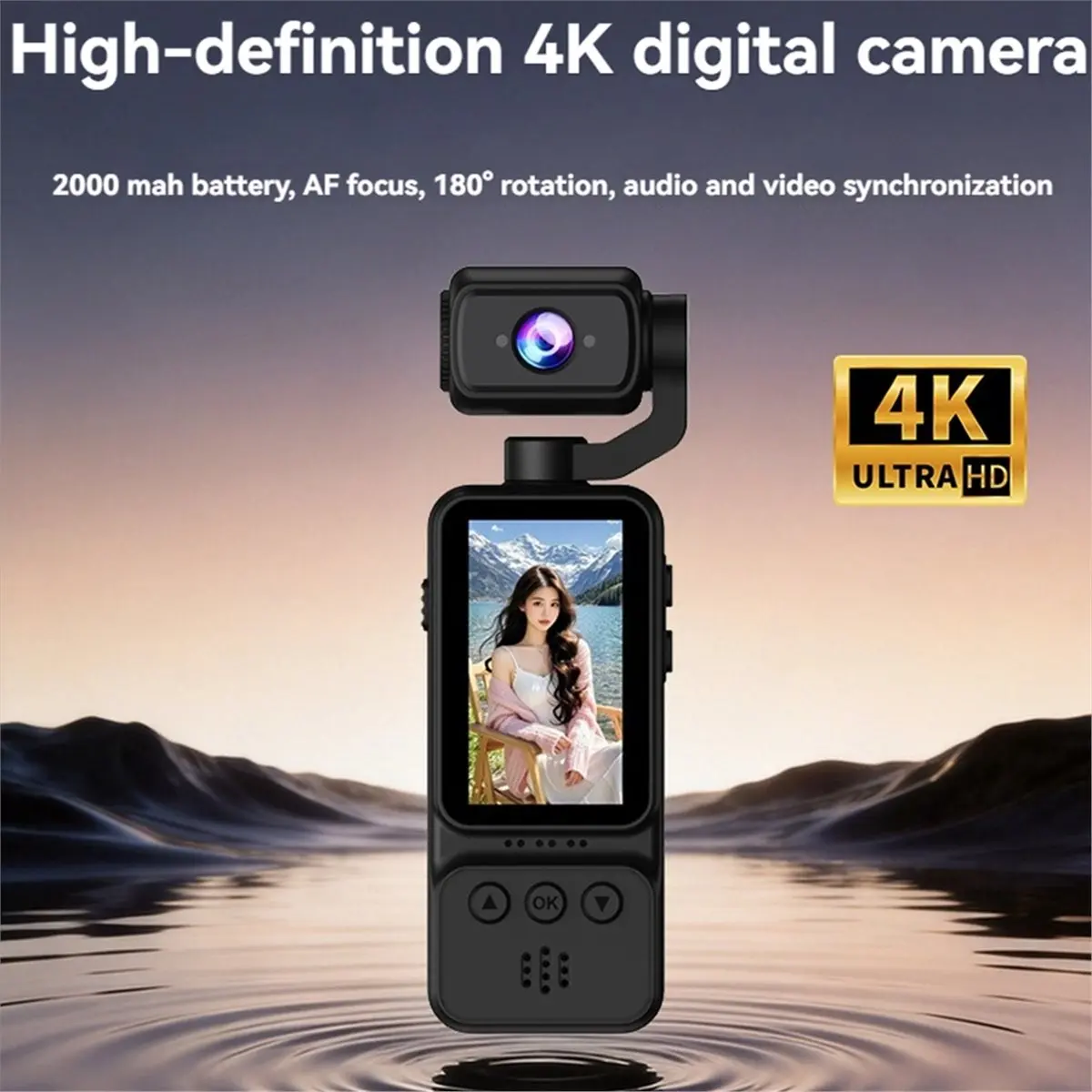 N05R 4K HD WiFi 액션 카메라, 180도 회전 렌즈, 자동 초점 기능 탑재, 여행용 드라이버 레코더 및 브이로그 촬영용, 8G 카드 C 포함