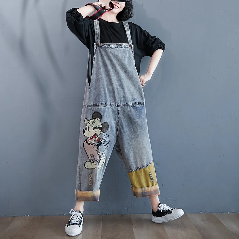 Potdemiel Average Loose Jumpsuit Elegant Denim Strap Pants Women's Spring Autumn Age-Reducing Cropped Wide-Leg Harem Trousers